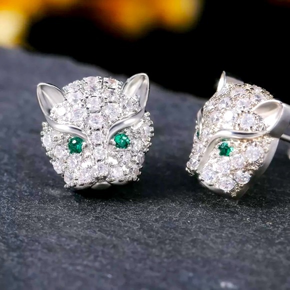 14k white gold panther earrings 2 CT diamond - Picture 2 of 9